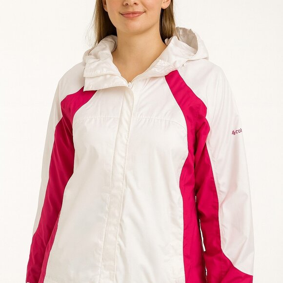 Columbia Pink/White Raincoat-Omni tech-Seam Sealed-Size XL-Full Zipper-A002 - Picture 1 of 5
